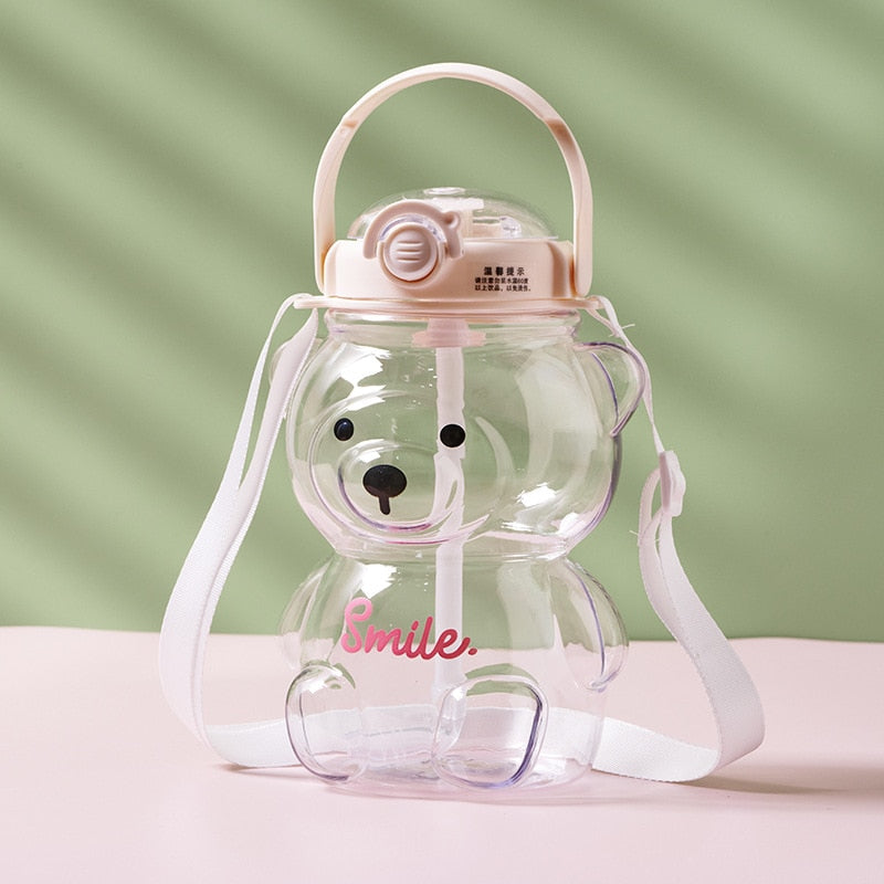 1000ml Large Capacity Cartoon Bear Plastic Sippy Cup High Value Backpack Kettle Water Bottle Mug with Straw Cute Bear Cup